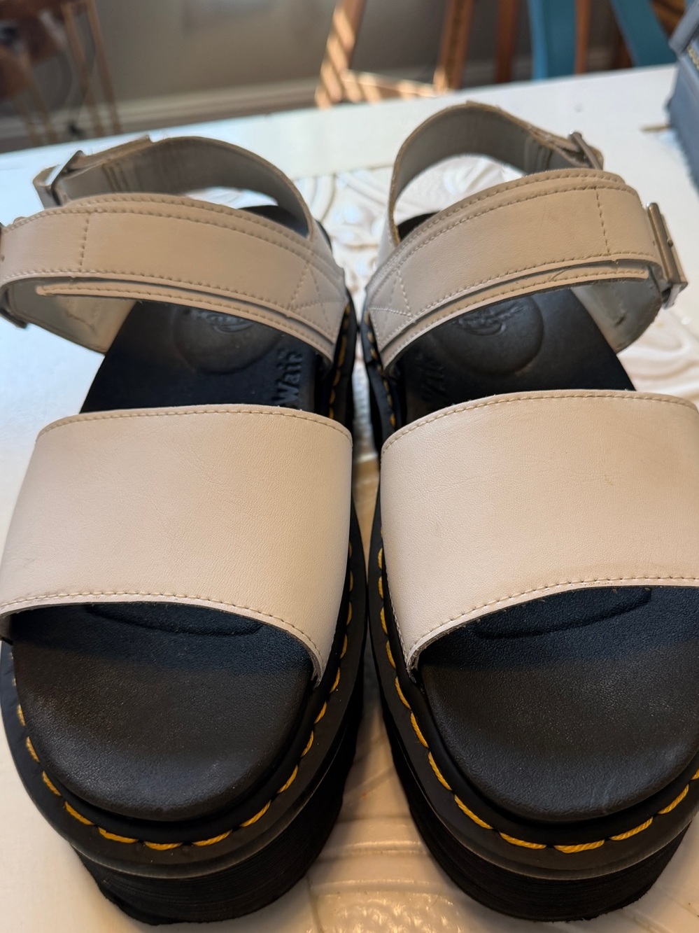 Dr Martens woman’s Chunky Platform Sandals white with Yellow Stitching